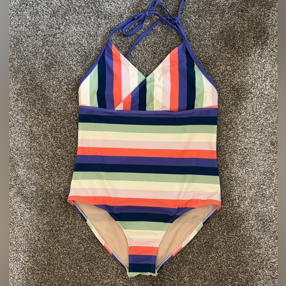 Girl’s TEA multi colored striped one piece halter padded bathing suit 16 - Picture 1 of 3